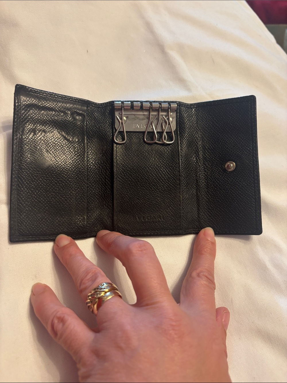 Bulgari Black Leather Key & Card Holder with Silver Tone Logo Button - Picture 8 of 16